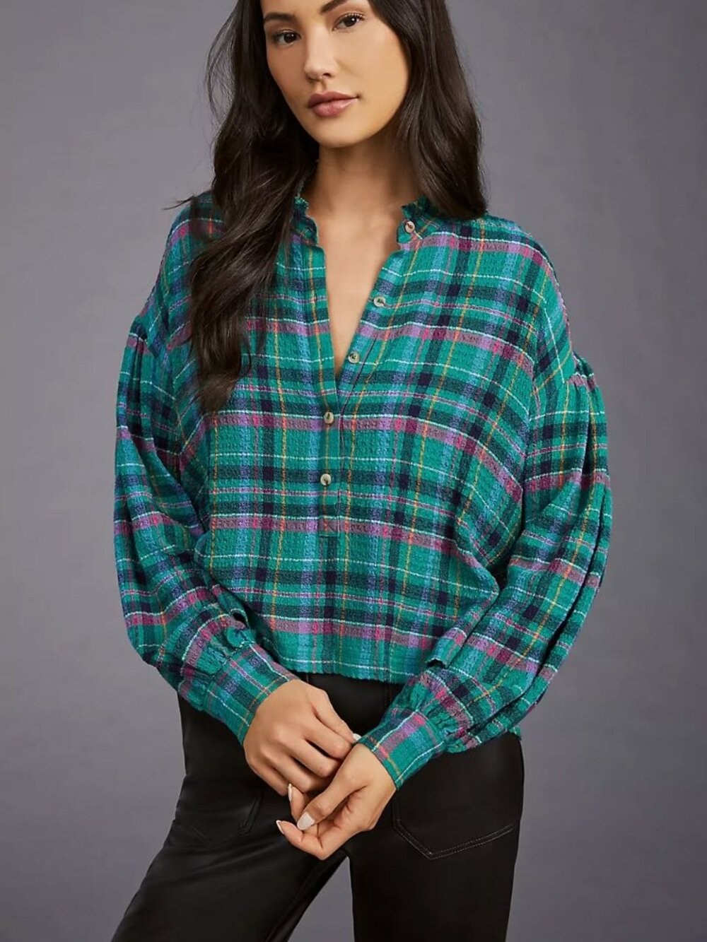 Pilcro Anthropologie Women's Crop Puff-Sleeve Blouse in Green Plaid Size Small